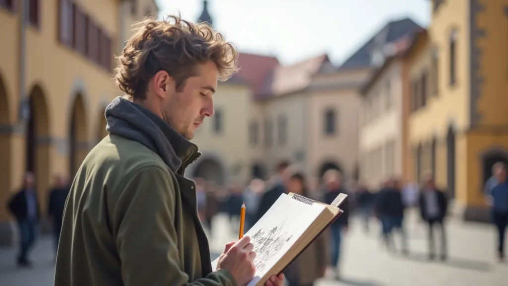 Artist drawing on location in Vilnius Old Town with historic buildings and city streets visible in background