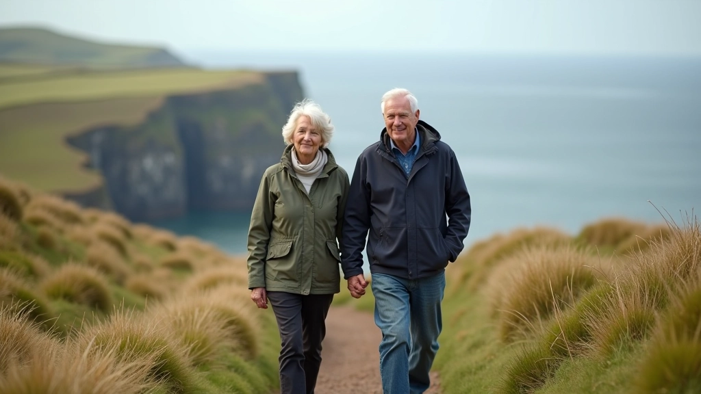 Older man and woman walking together outdoors on a coastal path with ocean view in background