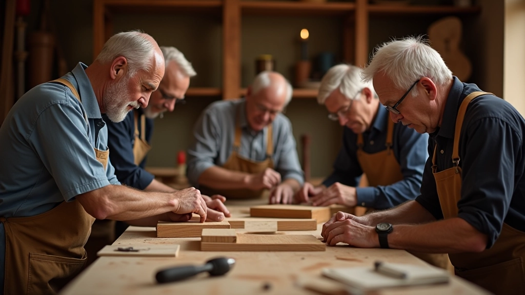 Group of men working together in a woodworking shed with hand tools and wooden materials on workbench