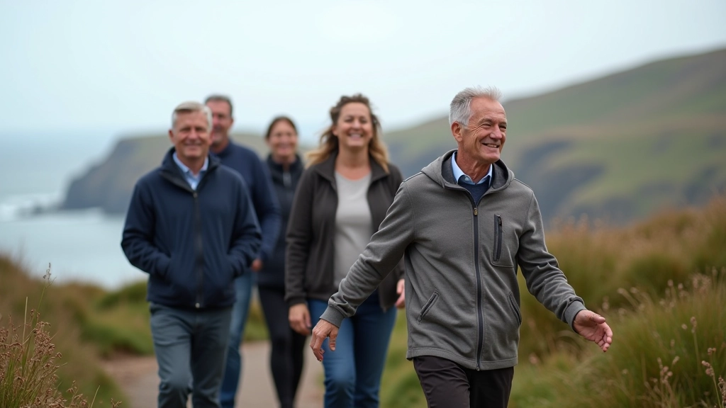 Mature adults enjoying active outdoor lifestyle in Ireland, group walking together on coastal path with scenic ocean views