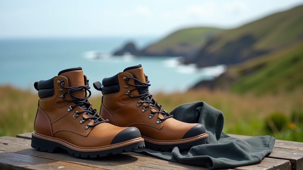 Hiking boots and walking gear laid out on natural wooden surface with coastal landscape background