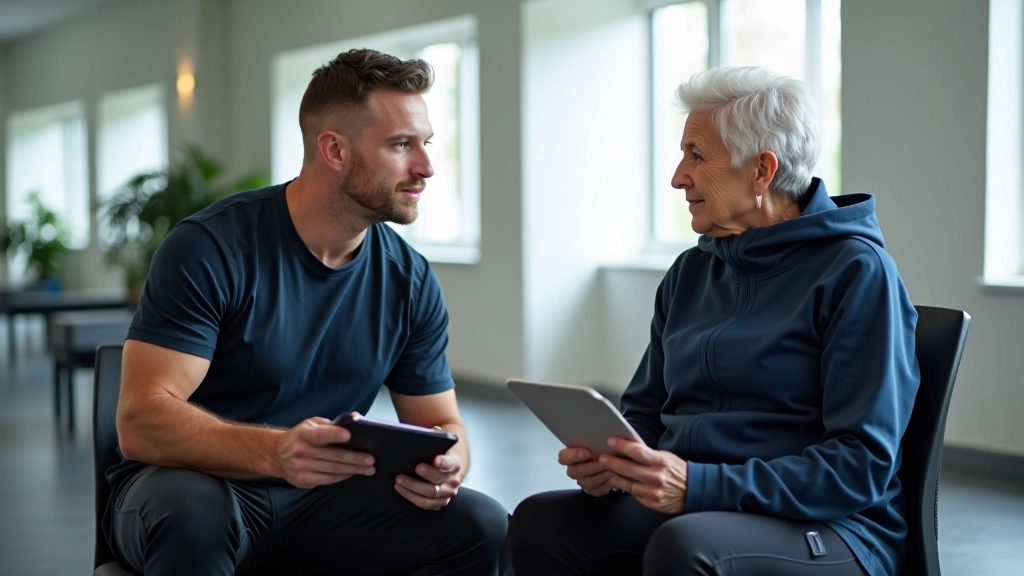 Coach and client in discussion, both seated, reviewing notes in a bright fitness consultation room