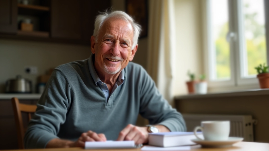 Older man sitting at kitchen table with journal, coffee, and planning documents looking thoughtful and organized