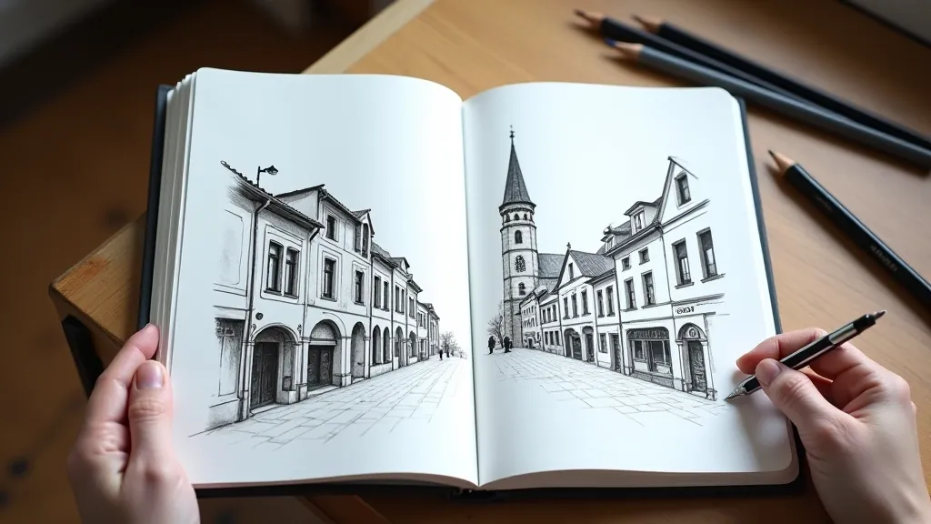 Open sketchbook showing various urban sketches and drawing techniques with pencil nearby