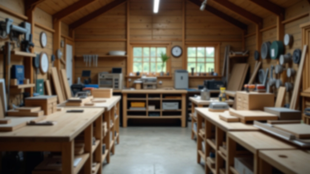 Modern well-organized workshop interior with workbenches, hand tools on wall racks, wooden materials storage, and natural light from large windows