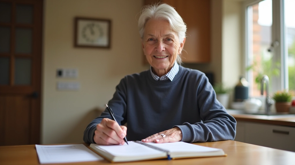 Person at kitchen table with weekly planner, coffee cup, and notebook writing out daily schedule
