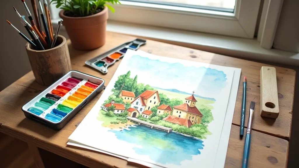 Watercolor painting supplies arranged on a white surface with brushes, paints, and water container
