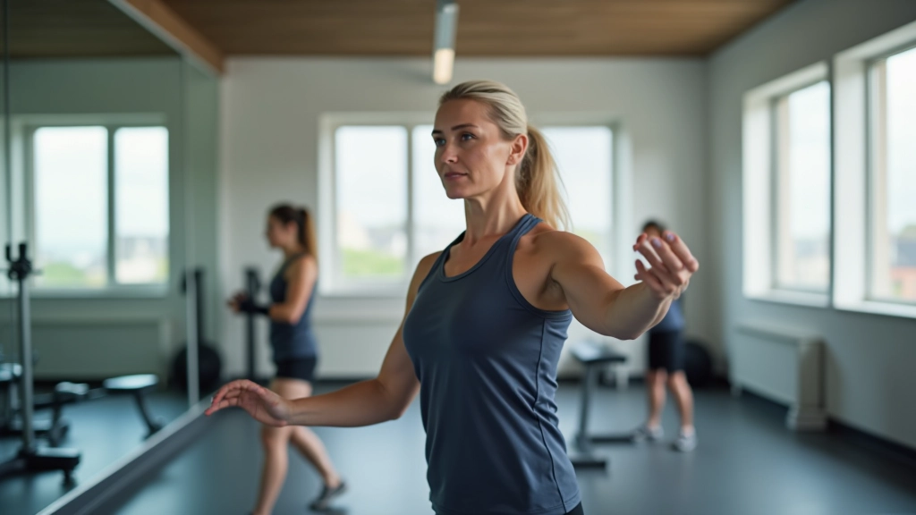 Woman in fitness attire stretching in a bright gym studio with mirrors and exercise equipment visible