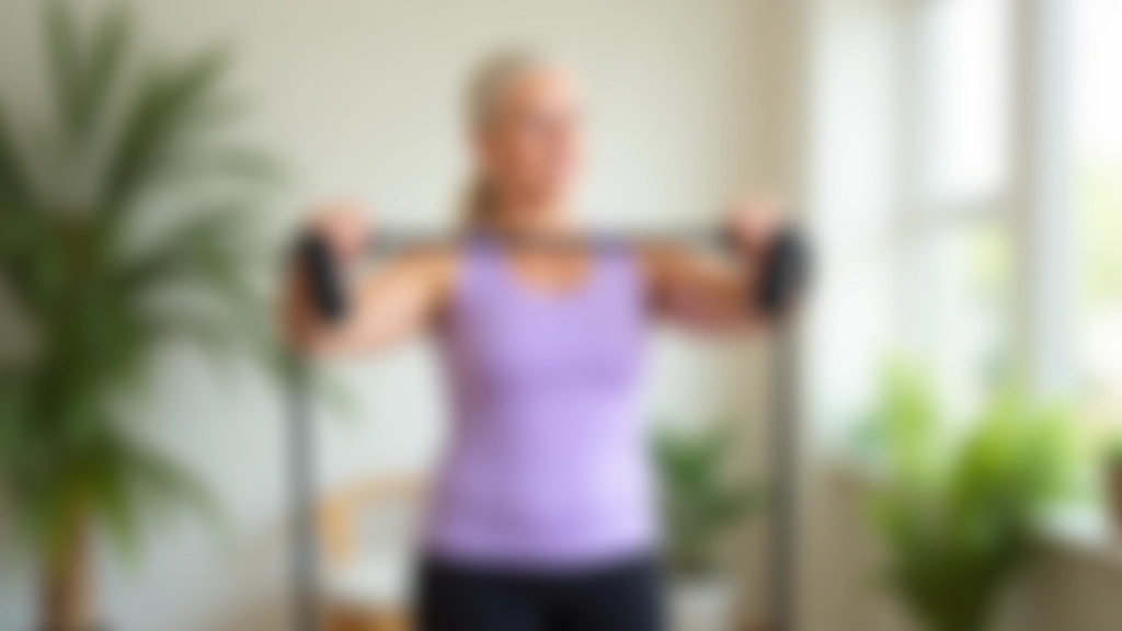 Woman in workout clothes doing a strength exercise with resistance band in a bright home gym setting